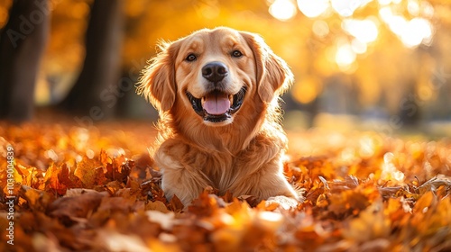 Golden retriever in fall leaves