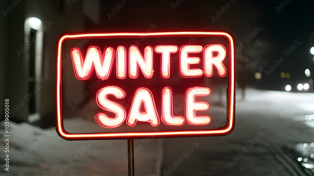 Fototapeta premium Winter Sale Text in Neon Mustard Lights – Eye-Catching Seasonal Promotion Display