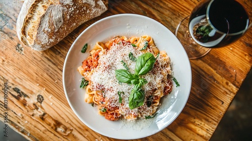  A wooden table showcases a plate of pasta adorned with Parmesan cheese and fresh basil, accompanied by a nearby glass of wine