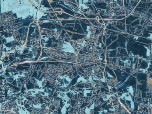 Painterly Style City Map of Bytom, Poland in a Blue Color Scheme.