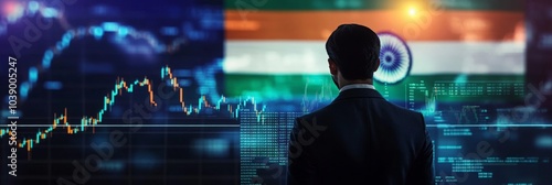 A businessman standing in front of a digital trading platform, economic growth, stock exchange with market chart, india economy and finance . investment trends global challenges.	
