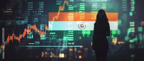 A businessman standing in front of a digital trading platform, economic growth, stock exchange with market chart, india economy and finance . investment trends global challenges.	
