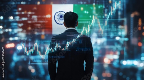 A businessman standing in front of a digital trading platform, economic growth, stock exchange with market chart, india economy and finance . investment trends global challenges.	

