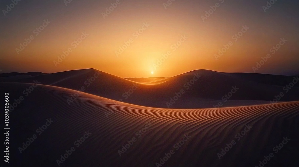 The sun sets on the horizon of a desert landscape, casting shadows on sand dunes and sand dunes in the foreground The sun sets on the horizon of a desert landscape, casting shadows on sand dunes and sand dunes in the foreground