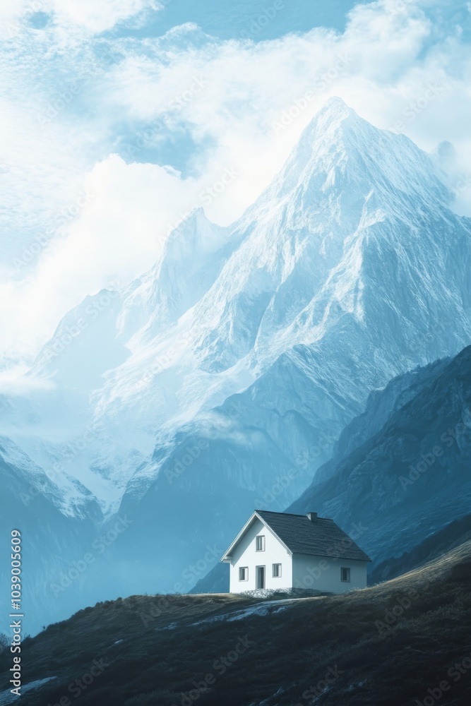 Serene Mountain Landscape with White Cabin Serene Mountain Landscape with White Cabin