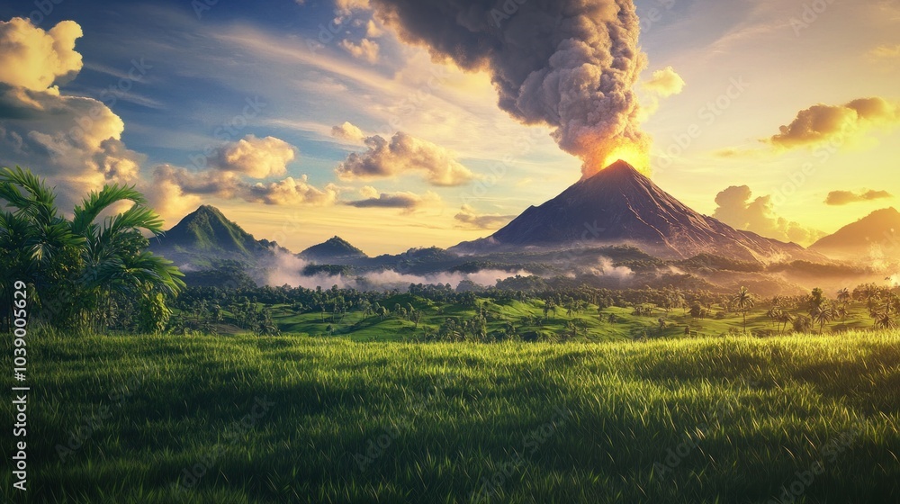 Fototapeta premium Volcanic Eruption in a Tropical Landscape