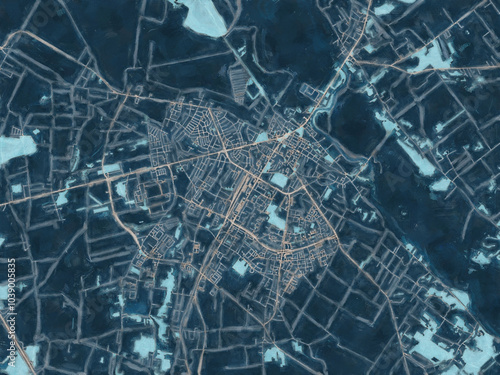 Painterly Style City Map of Lomza, Poland in a Blue Color Scheme. photo