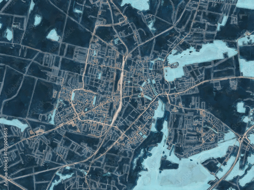 Fototapeta premium Painterly Style City Map of Slupsk, Poland in a Blue Color Scheme.