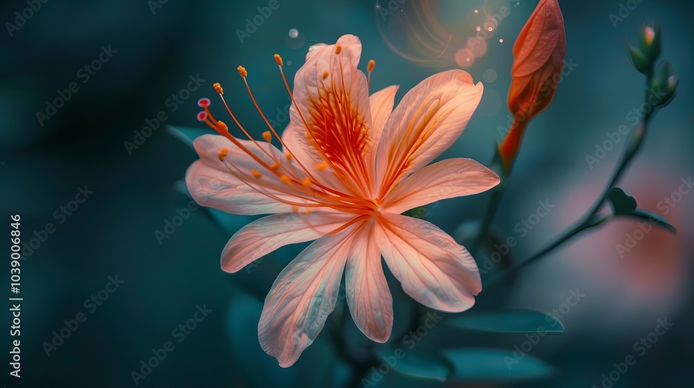 Delicate peach blossom with an orange center, soft petals and green leaves in the background. Delicate peach blossom with an orange center, soft petals and green leaves in the background.