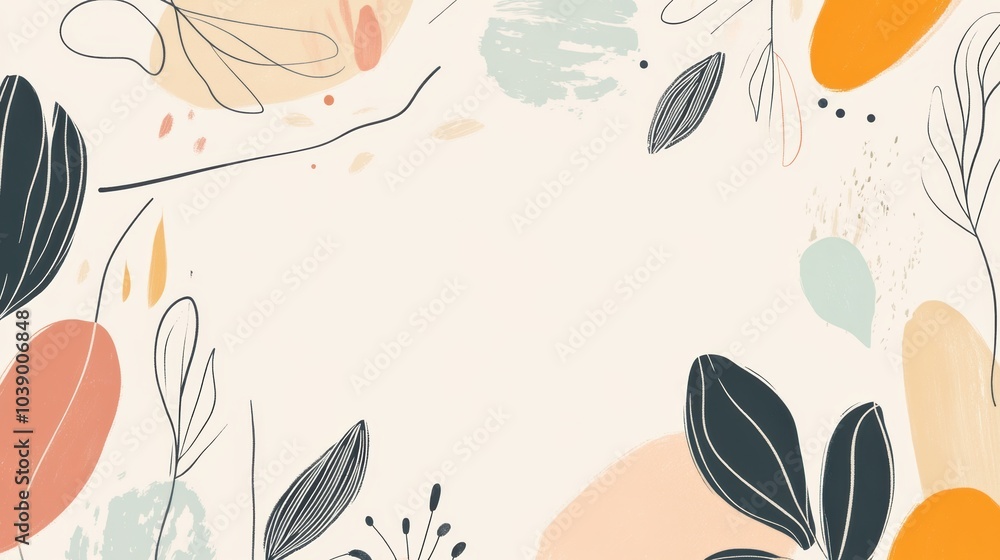 Fototapeta premium The artwork showcases minimalist doodles of leaves, flowers, and various nature elements creatively arranged for aesthetic appeal. Generative AI