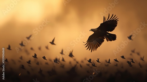 A large eagle is flying over a flock of birds photo