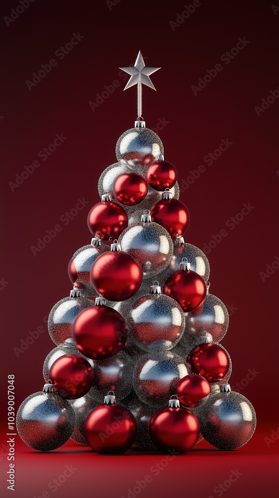 3D Christmas tree made of red, silver, and blue ornaments, front view, red background color 3D Christmas tree made of red, silver, and blue ornaments, front view, red background color