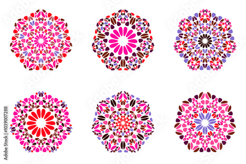 Colorful geometrical petal heptagon symbol set - geometric vector illustrations