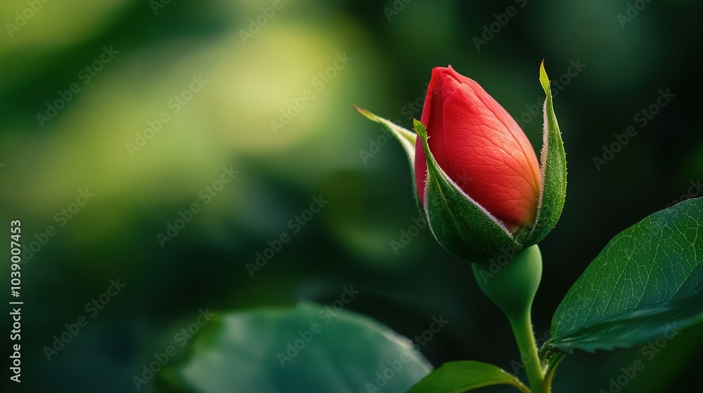 A red rose bud on a green stem surrounded by clear leaves against a blurry background A red rose bud on a green stem surrounded by clear leaves against a blurry background