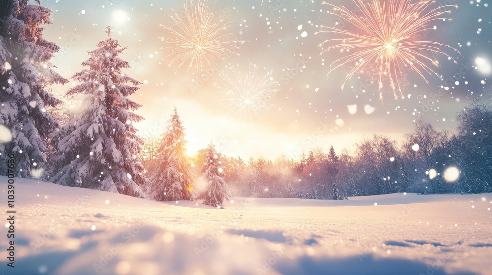 Magical Winter Wonderland with Festive Fireworks Display Magical Winter Wonderland with Festive Fireworks Display