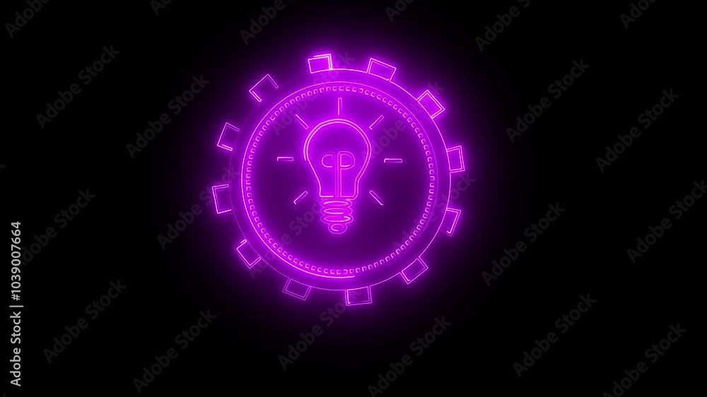 purply color Neon line setting icon with gear shining light bulb icon. The innovation and idea on a black background. purply color Neon line setting icon with gear shining light bulb icon. The innovation and idea on a black background.