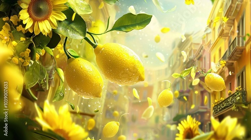   Lemons dangle from tree, building backdrop, sunflower foreground photo