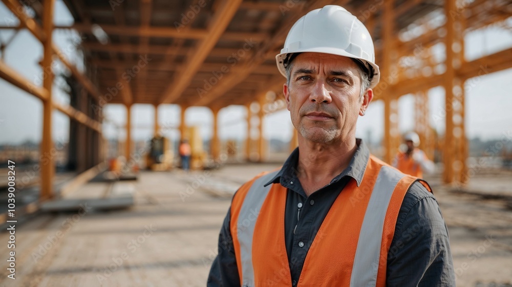 close-up of male engineer or architect in helmet against background of residential complex construction close-up of male engineer or architect in helmet against background of residential complex construction