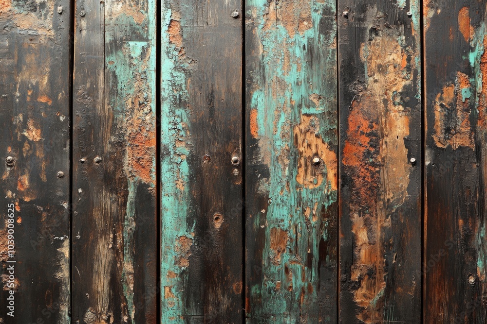 Weathered wooden planks with peeling paint in shades of blue, brown, and orange. Weathered wooden planks with peeling paint in shades of blue, brown, and orange.