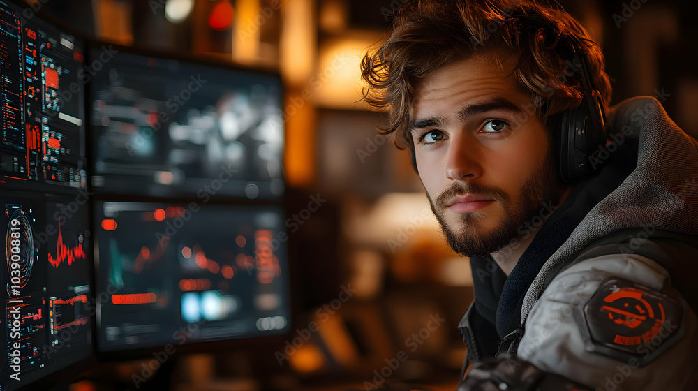 Focused Gamer Wearing Headphones in Front of Monitors - Realistic Image Focused Gamer Wearing Headphones in Front of Monitors - Realistic Image