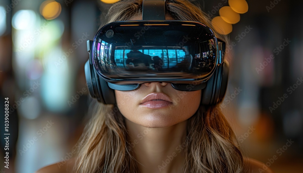 Woman Wearing a Virtual Reality Headset in an Indoor Environment Woman Wearing a Virtual Reality Headset in an Indoor Environment