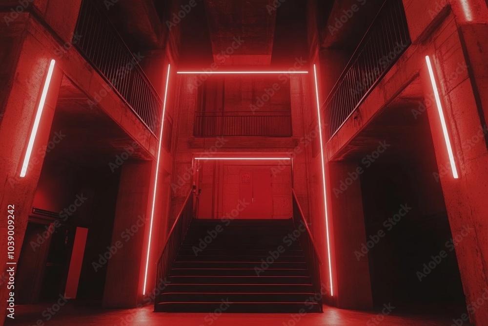 A red neon glow illuminates a dark, concrete stairway, creating a mysterious and moody atmosphere. A red neon glow illuminates a dark, concrete stairway, creating a mysterious and moody atmosphere.