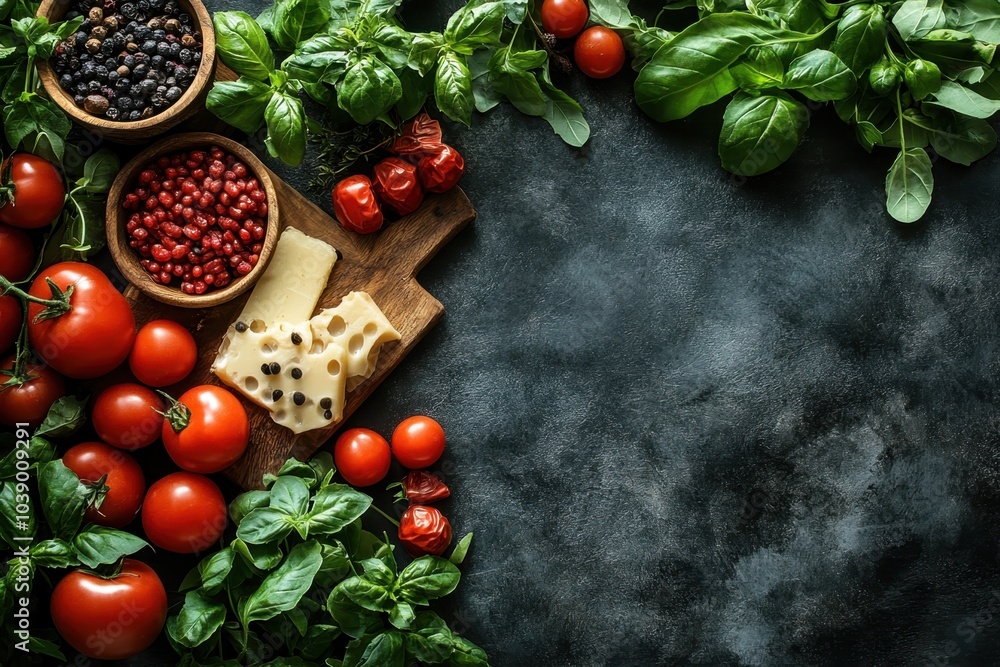 Fresh tomatoes, herbs, and spices arranged on a dark kitchen counter for culinary preparation Fresh tomatoes, herbs, and spices arranged on a dark kitchen counter for culinary preparation
