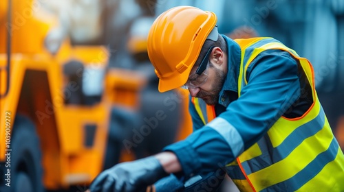 Construction worker in safety gear focuses on repair tasks near heavy machinery on a busy site during daylight