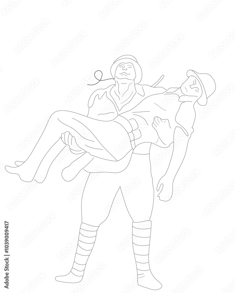 Fototapeta premium Line Art of Turkish Soldier Carrying Anzac Soldier - Symbol of Compassion and Bravery
