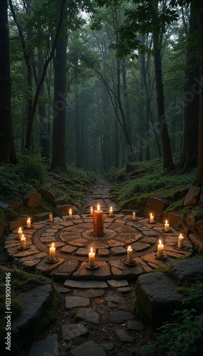 Druid's ritual site with stone circles, burning candles, and mystical symbols in an enchanted forest