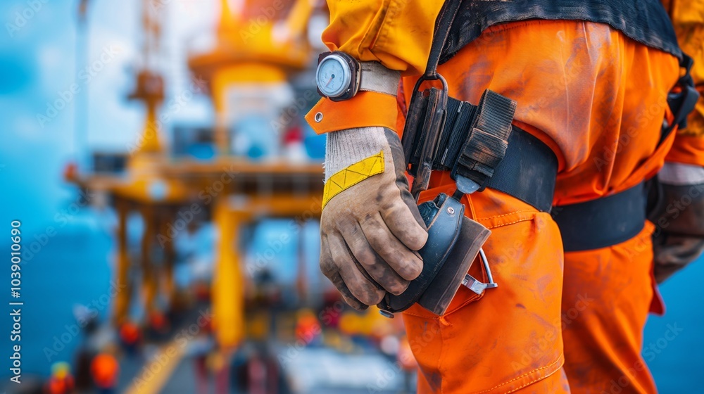 Worker in orange safety suit assesses equipment on offshore oil rig during bright day with operational crew in the background Worker in orange safety suit assesses equipment on offshore oil rig during bright day with operational crew in the background