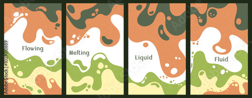 Melting dynamic waves pattern summer covers. Bubble splashes and streams vector templates set. Fluid liquid flowing paint backgrounds. Wavy surface posters. Fluid with bubbles, melting shapes