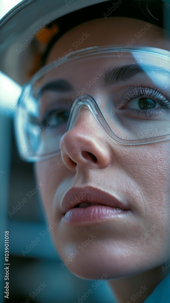 Close-up of a focused worker wearing safety glasses and a hard hat in an industrial setting during daylight hours Close-up of a focused worker wearing safety glasses and a hard hat in an industrial setting during daylight hours
