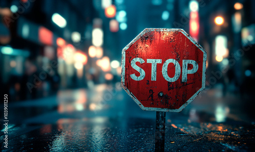 A classic red stop sign stands tall in a city setting