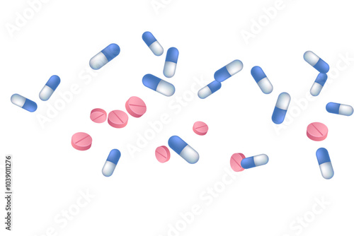 Halthcare pills medical vector illustration. Capsule drugs and tablets disease prescription elements. Blue white and pink  capsules, emergency treatment or vitamins. Fast heartbeat cure drugs.