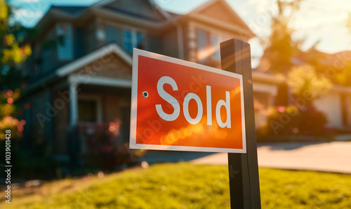 A Sold sign in front of the house. Real Estate Sold property.