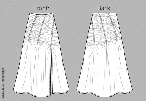 Vector midi skirt with gathering detail fashion CAD, woman jersey or woven fabric  smocked long skirt with front slit technical drawing, flat, sketch, template, mock up. Front back view, white color