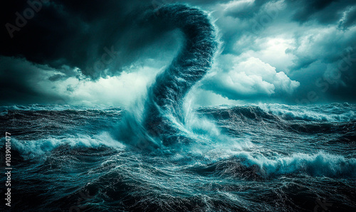 A powerful tornado forms in the ocean, its swirling winds and water creating a dramatic scene under a moody sky with deep blue waves. Background