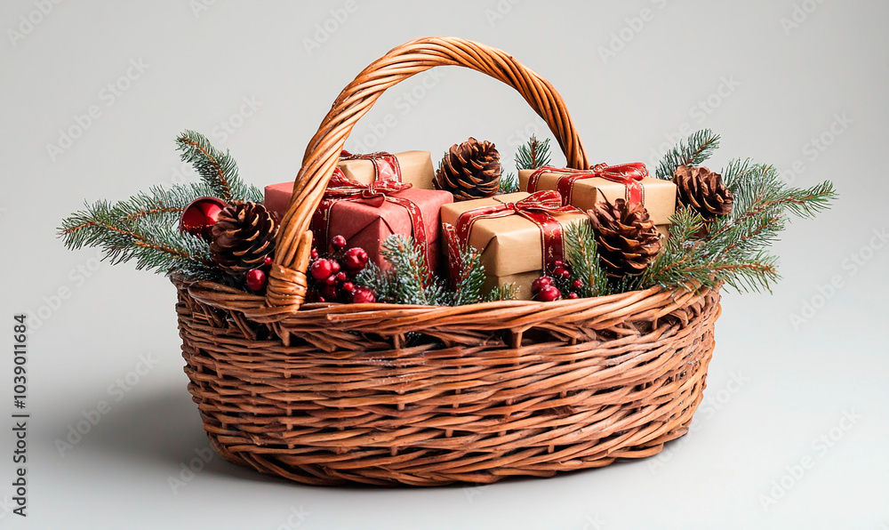 Christmas gift basket, with pinecones and fruits on white background Christmas gift basket, with pinecones and fruits on white background