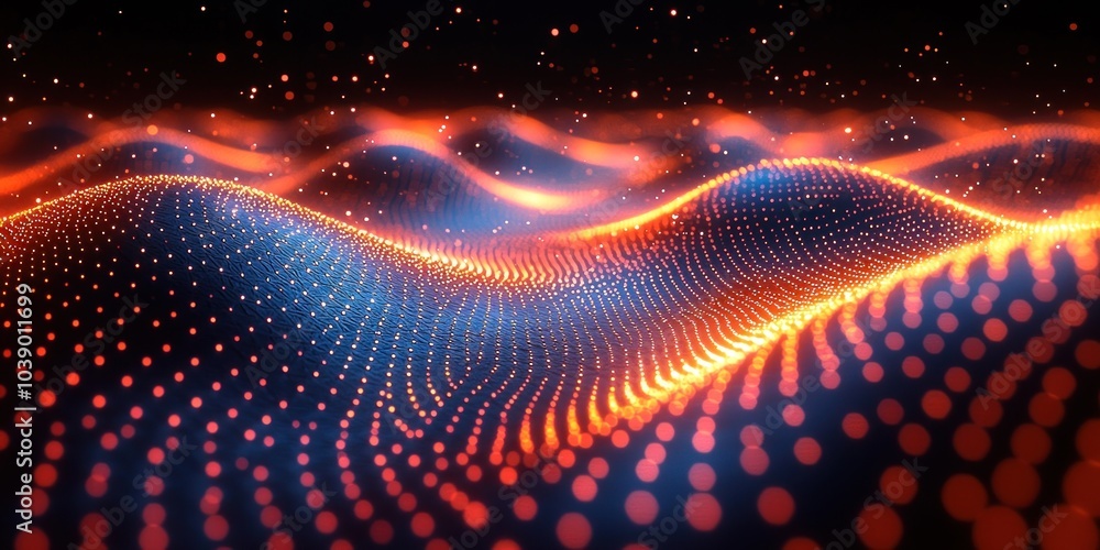 Abstract Wavy Pattern of Glowing Red and Orange Circles on a Dark Background Abstract Wavy Pattern of Glowing Red and Orange Circles on a Dark Background