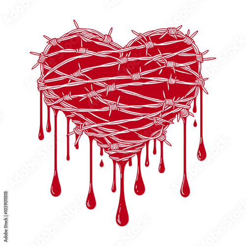 red bleeding heart wrapped in barbed wire illustration