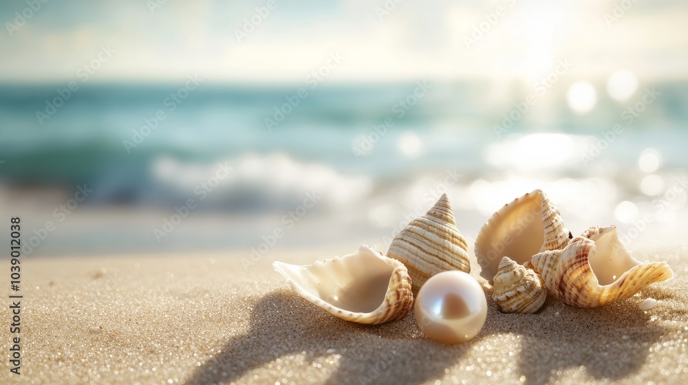 On the sandy beach, a pearl and seashells lay. On the sandy beach, a pearl and seashells lay.