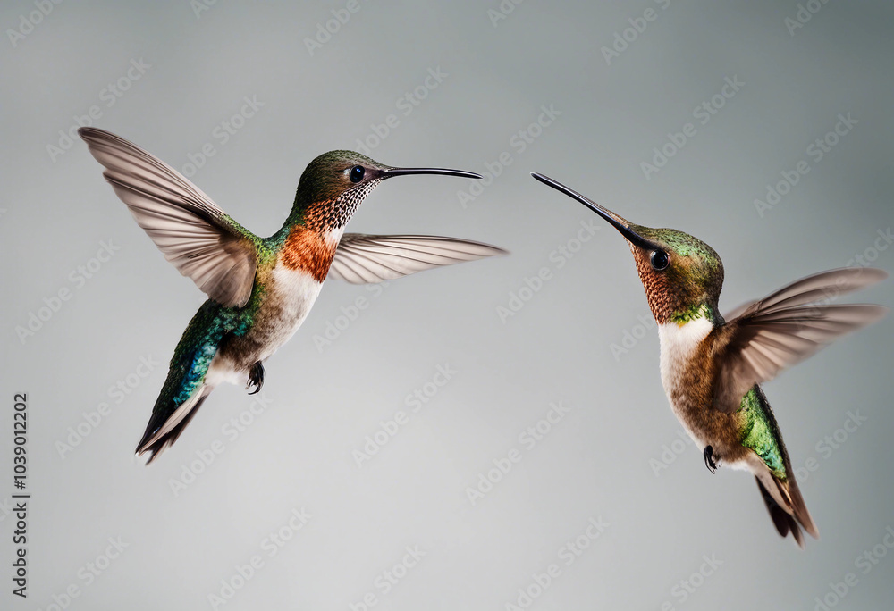Fototapeta premium Beautiful collection set of diffrent hummingbird birds in flight isolated on white or transparent