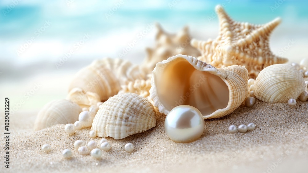 On the sandy beach, a pearl and seashells lay. On the sandy beach, a pearl and seashells lay.