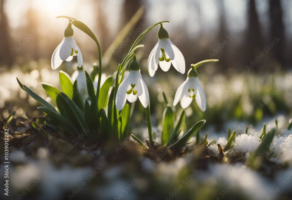 Beautiful snowdrop flowers in morning sunlight spring