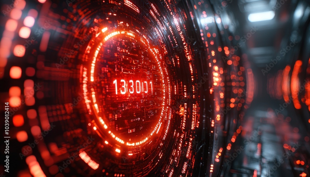 Red Digital Countdown Display with Circuitry Background