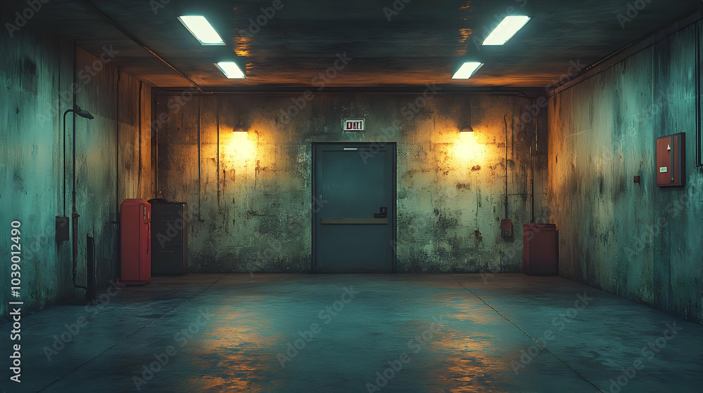 Dark Concrete Hallway with Exit Door 3D Illustration Dark Concrete Hallway with Exit Door 3D Illustration