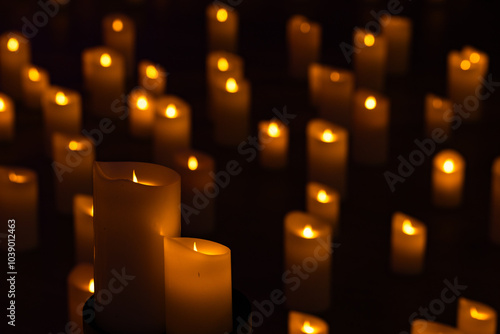 blurred symphonic orchestra on stage with lots of candles