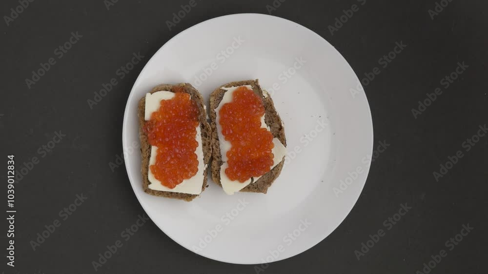 Top view of male hand picking up a red caviar and butter sandwich from a white plate Top view of male hand picking up a red caviar and butter sandwich from a white plate