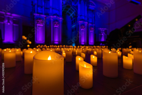 blurred symphonic orchestra on stage with lots of candles